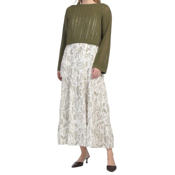 Martha Stewart 2pc Maxi Dress Set S Green Leaf Print Sweater Linen Blend Cottage - Picture 4 of 14